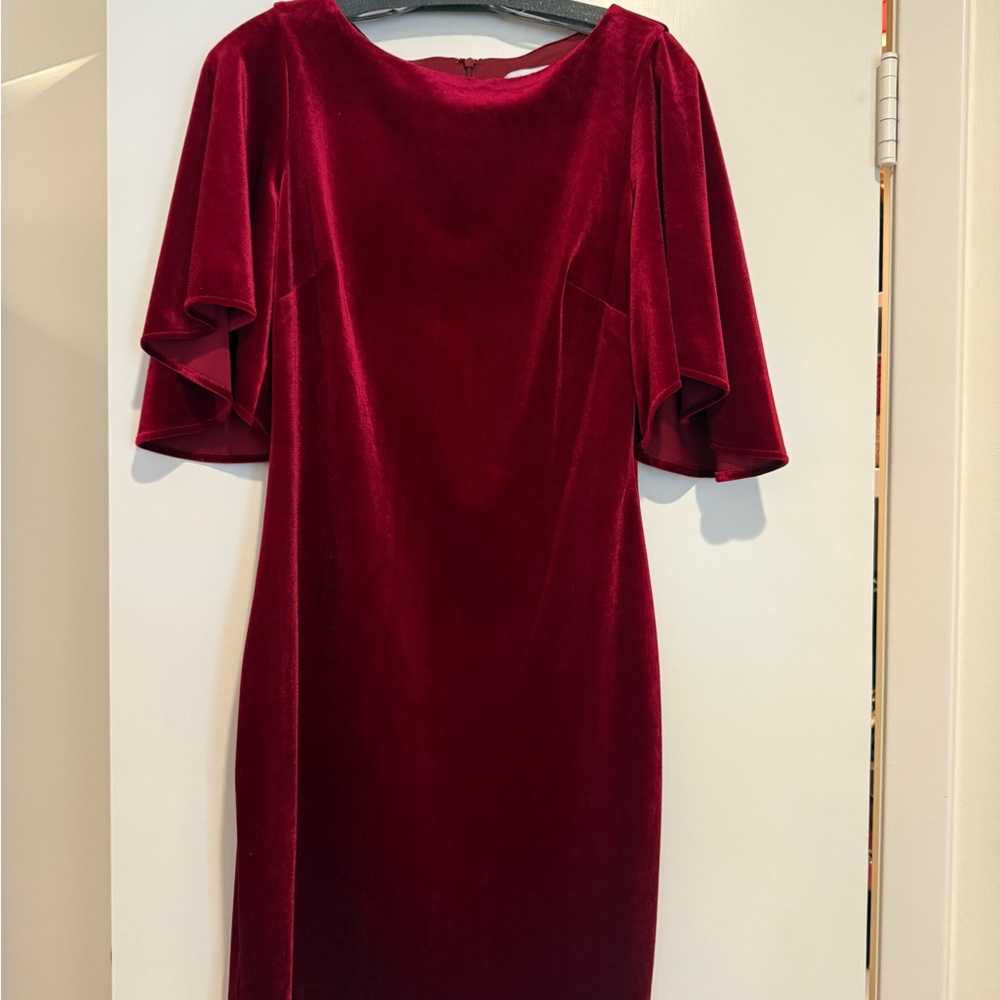 Badgley Mischka Red Velvet Sheath Dress with Flutter Sleeves